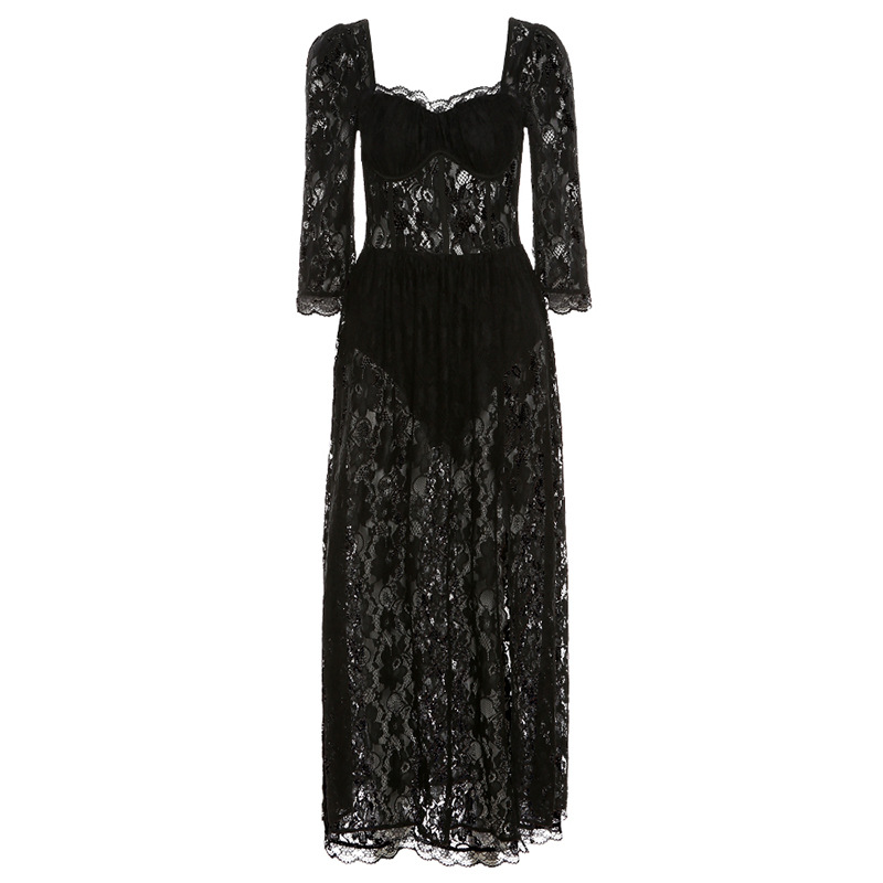 Abito slim da donna con spacco sexy e maniche a nove quarti in pizzo trasparente con scollo quadrato_voghion.com