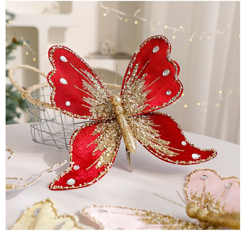Elegant European-Style Plastic Butterfly Ornaments - Glittering Christmas Tree Decor In Gold, White, Red & Pink (20cm)_voghion.com