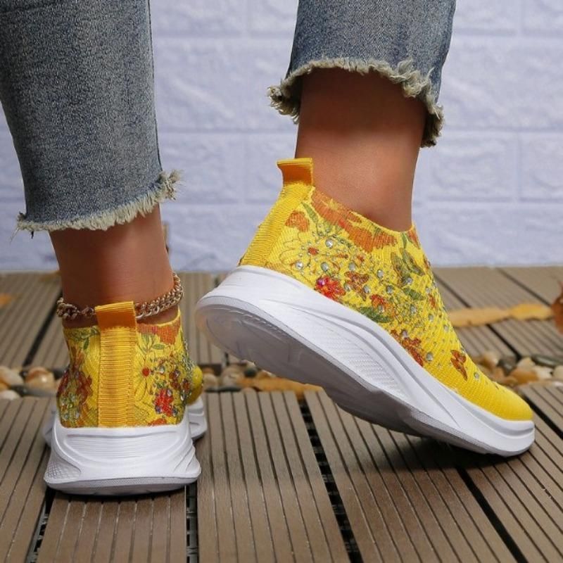 Sneakers slip-on da donna CMY con decorazioni in strass e stampa floreale e a farfalla - Scarpe da corsa traspiranti in maglia_voghion.com