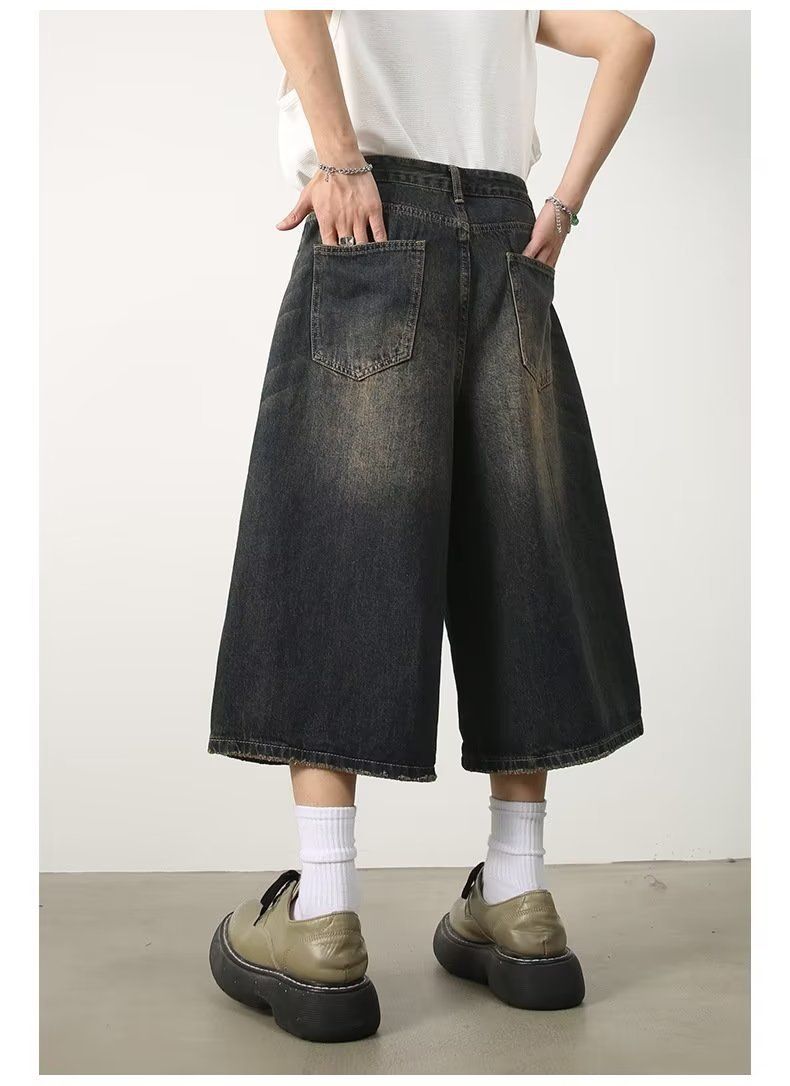 Herrenbekleidung Baggy Jeans Sommer Loose Silhouette Washed Retro Distressed Seven Point Straight Denim Shorts_voghion.com