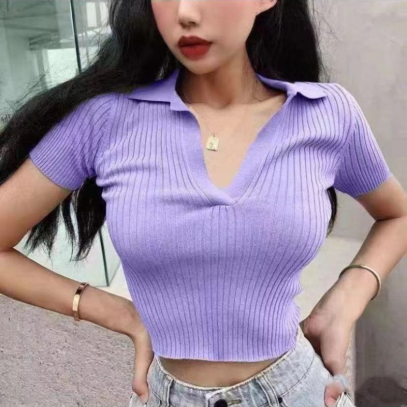 Women's Clothing Summer Retro Lapel Shirt Knitted Short Sleeve T Shirt V Neck Slim Short Navel Exposed Top_voghion.com