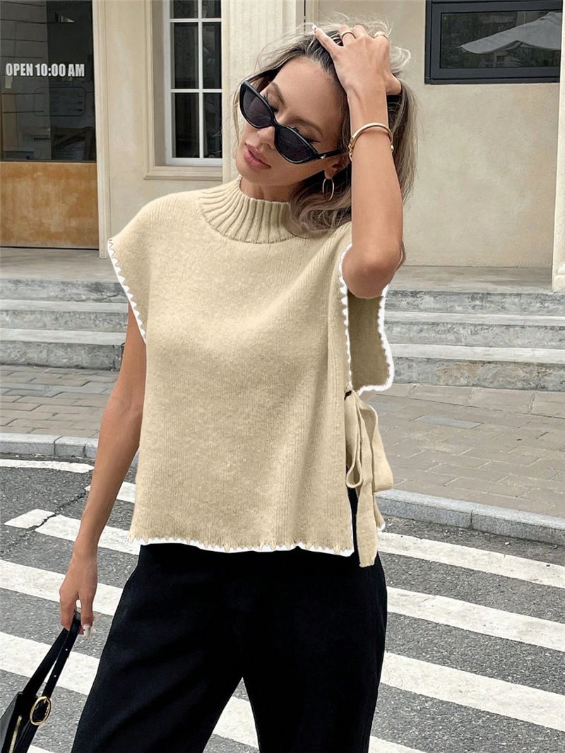 Dameskleding Dames Mouwloos Trui Vest Eenvoudig Ontwerp Contrasterende Kleur Strik Top_voghion.com