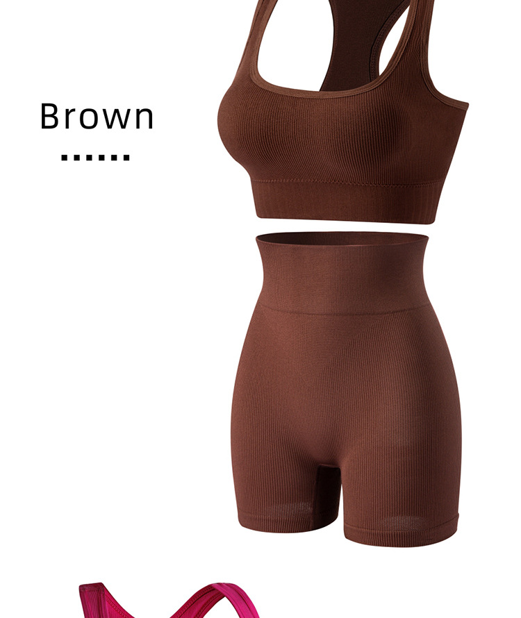 Women's clothing solid color work back seamless knitted bra tummy control shorts sports running fitness yoga set_voghion.com