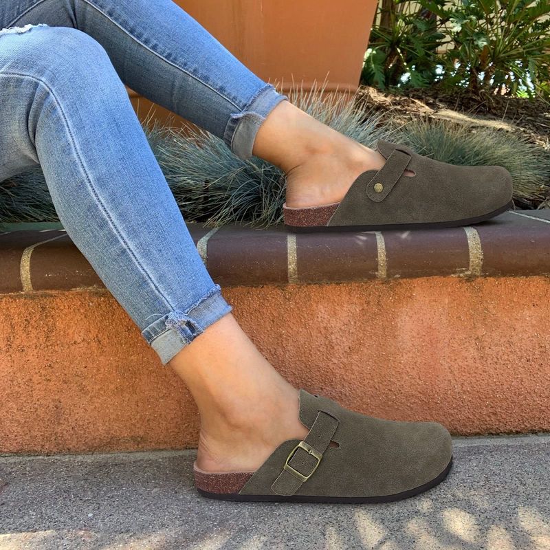 Zuecos de ante para mujer y hombre, sandalias con plantilla de corcho y soporte para el arco, antideslizantes, para playa y exteriores._voghion.com