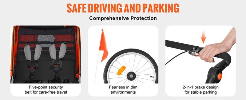 VEVOR Bike Trailer For Toddlers, Kids, Double Seat, 100 Lbs Load, 2-In-1 Canopy Carrier Converts To Stroller, Tow Behind Foldable Child Bicycle Trailer With Universal Bicycle Coupler, Orange And Gray_voghion.com