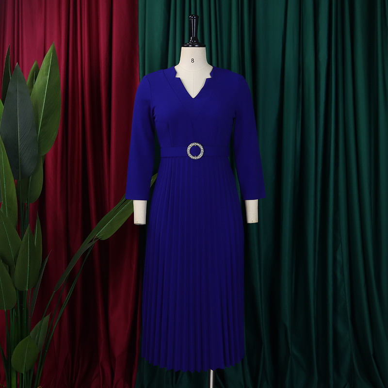 Damen 2024 Herbst neues V-Ausschnitt modisches Temperament elegantes Faltenrockkleid_voghion.com