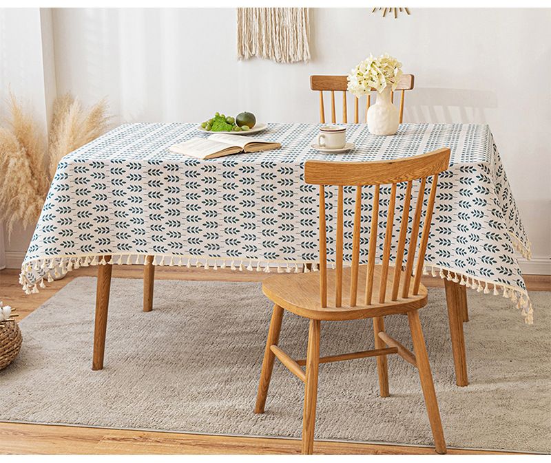 Fresh Floral Cotton and Linen Tablecloth - Pastoral Style with Tassels for Dining and Coffee Tables_voghion.com