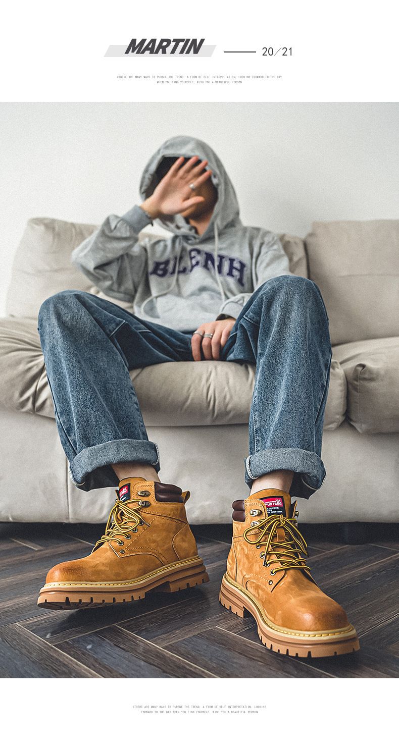 Men's Shoes First Layer Martin Boots Men's Retro Style Yellow Boots Autumn Outdoor Hiking Shoes High Top Work Boots_voghion.com