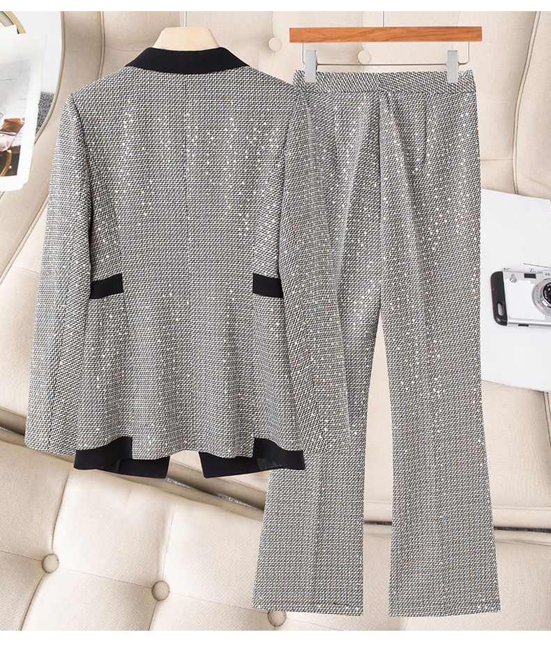 Women's Clothing high-end slim slimming heavy work sequins professional Plaid color matching suit_voghion.com