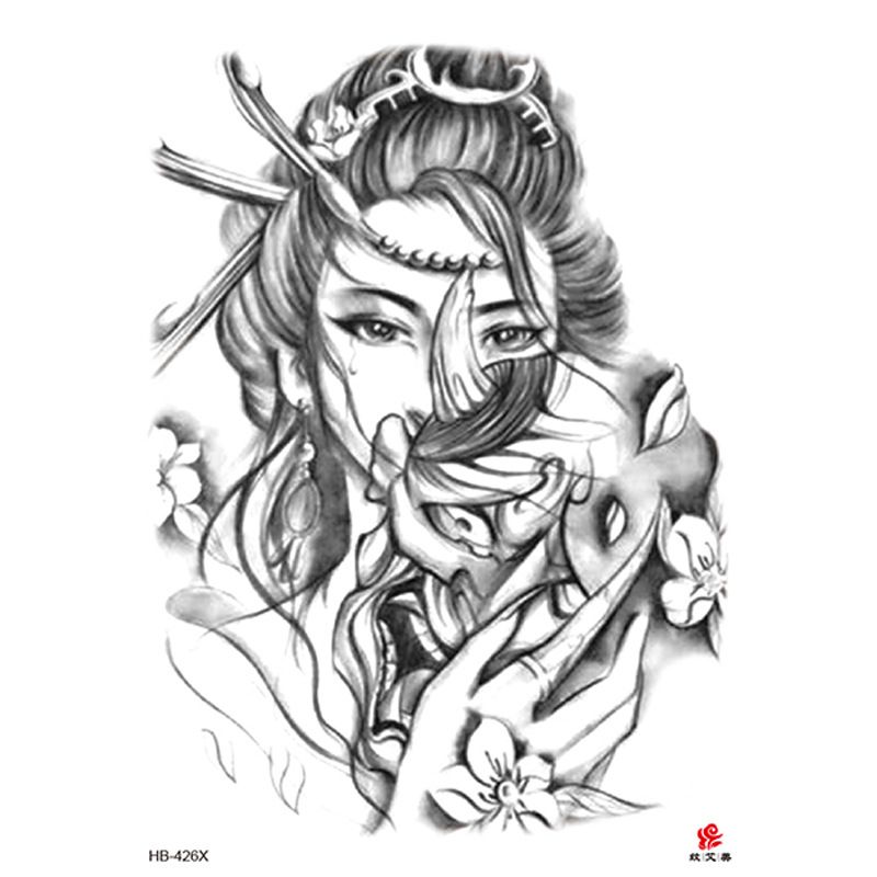 Adesivo per tatuaggio impermeabile con bellezza di geisha e braccio floreale_voghion.com