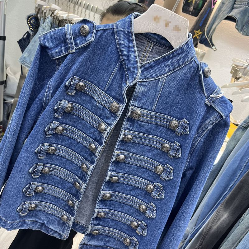Vêtements pour femmes, style palais rétro, haut boutonné à manches longues, mode printemps et automne, col montant, veste courte en jean_voghion.com