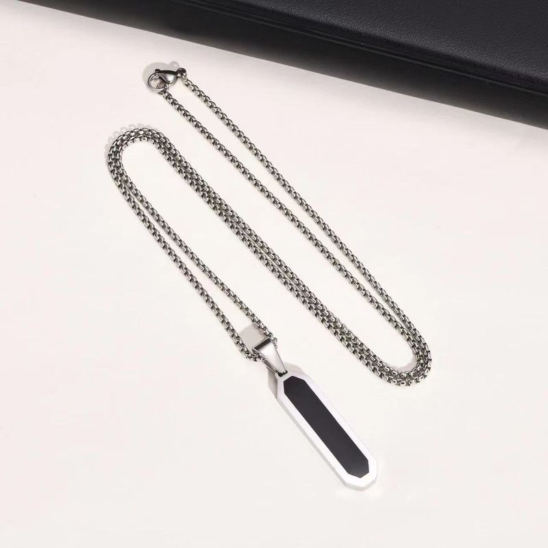 Simple and personalized geometric item, steel color chain, titanium steel, black oil dripping long strip pendant_voghion.com