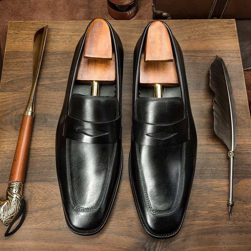 Geeignet für alle Jahreszeiten 【Hohe Qualität】Penny Loafers Square Toe Leder Herren Business Casual Rindsleder Herren Slip-On Schuhe_voghion.com