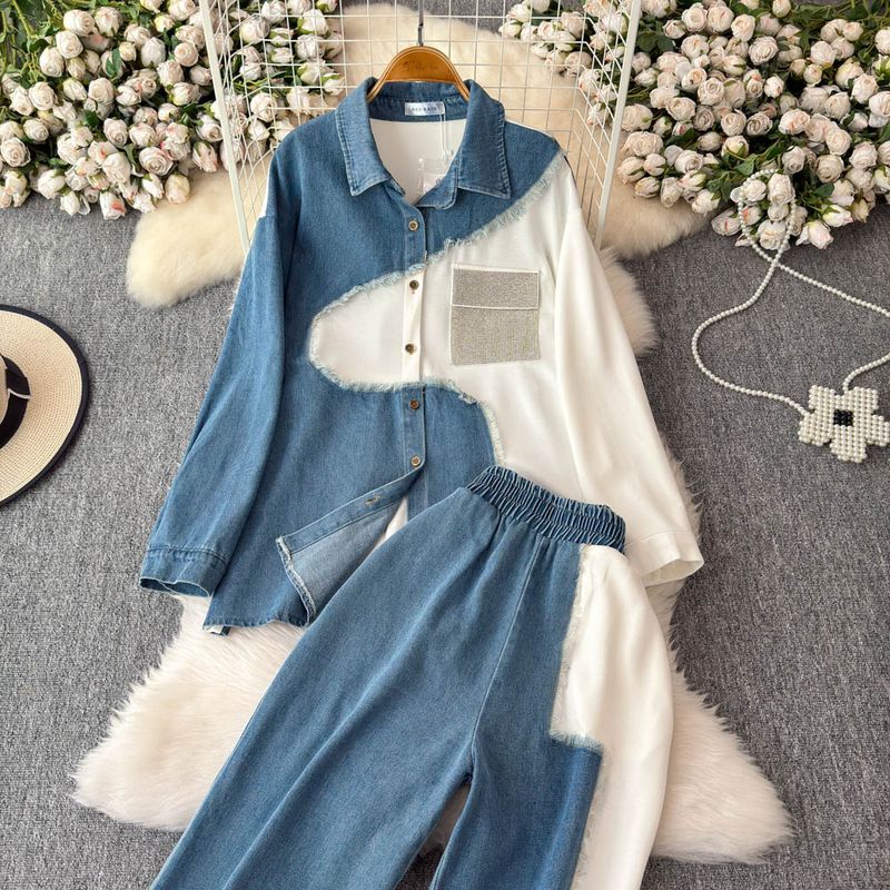 Damenbekleidung Designer-Jeanshemd mit Revers und Patchwork-Muster, langärmeliges Oberteil, Anzug für Frauen, hohe Taille, schmale, farblich passende Hose mit weitem Bein, zweiteiliger Anzug_voghion.com