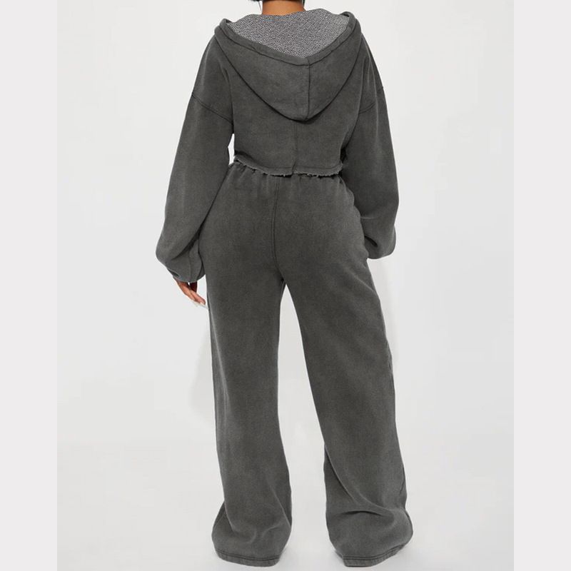 Vêtements pour femmes Automne Femmes Décontracté À Capuche Fermeture Éclair Sur Le Devant Pull Large Jambe Pantalon Ample Costume_voghion.com
