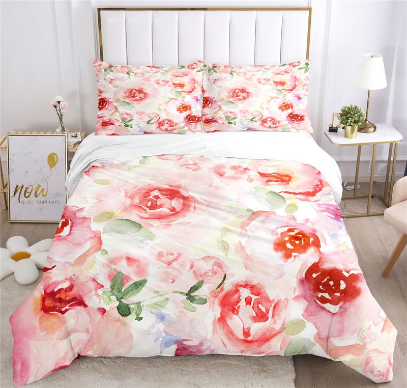 Premium Home Textile Pink Flower Dreiteiliges Bettwäscheset in voller Größe mit vierteiligem Bettbezug und doppelseitigem Druck_voghion.com