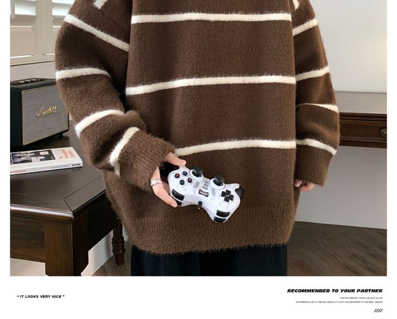 Loose Knitted Striped Lazy Style Spring Autumn New Unisex 2025 Base Layer Sweater Plus Size_voghion.com