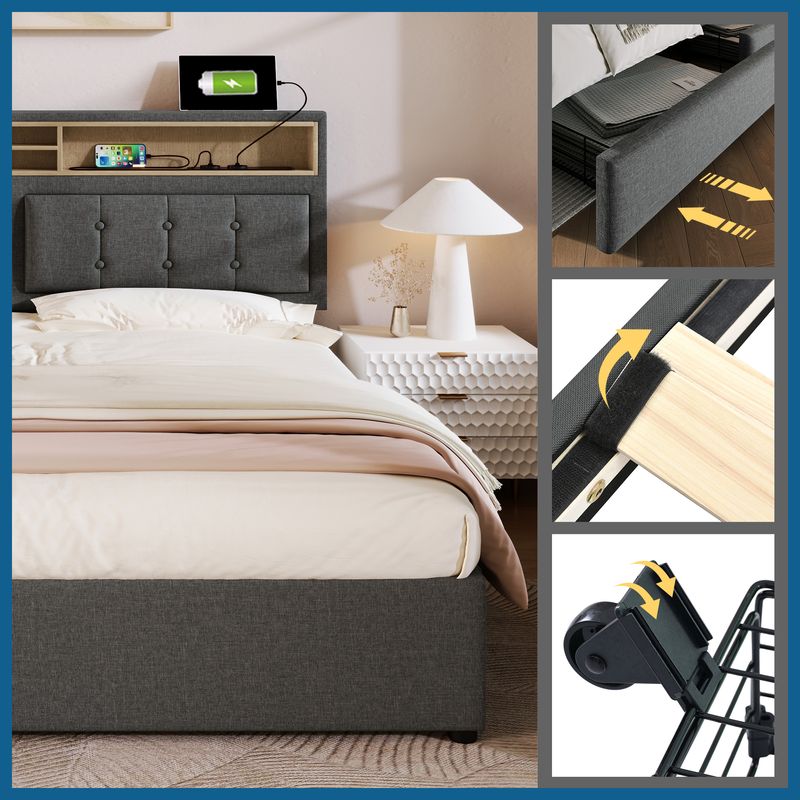 Cadre de lit king size rembourré avec 4 tiroirs et ports de charge USB-C, tête de lit réglable en hauteur, support à lattes en bois, 160 x 200 cm (matelas non inclus)_voghion.com