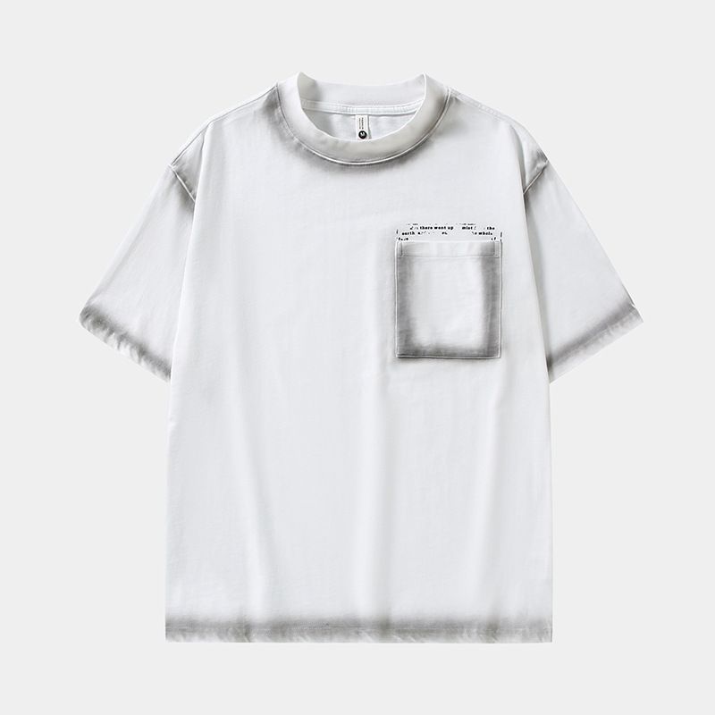 Small Niche Spray Dyed Vintage Design, Loose Fitting T-shirt, Trendy Men's Casual Matching Set, Black Top_voghion.com