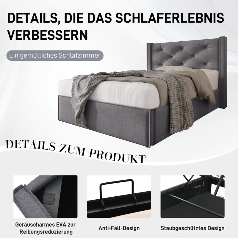 Lit simple avec rangement hydraulique 90 x 200 cm, matelassé avec sommier à lattes métalliques, cadre de lit moderne en coton gris._voghion.com