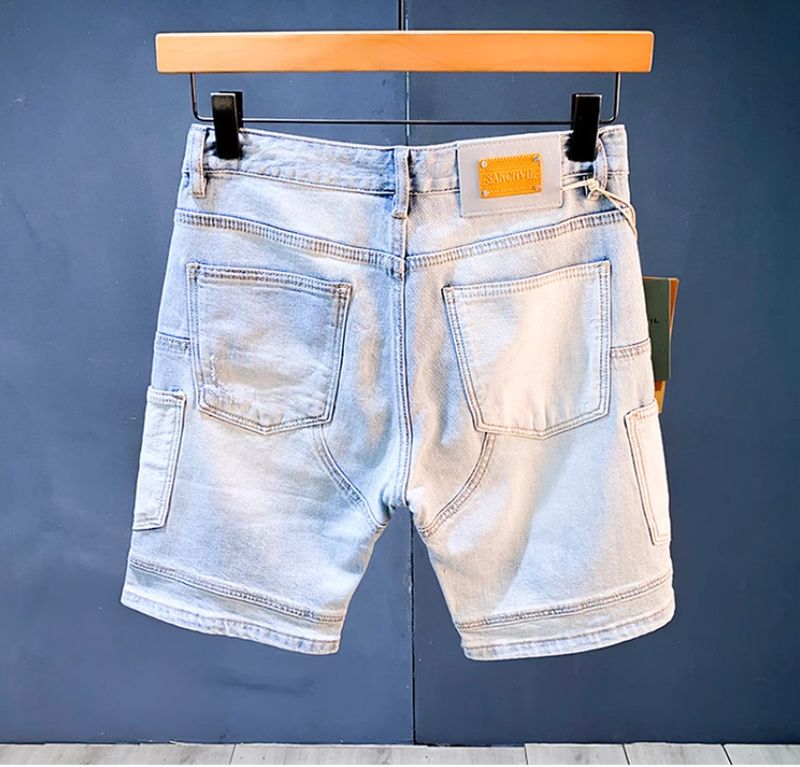 Herren-Jeansshorts im Used-Look, Patchwork-Optik, helle Waschung, 12,7 cm Innennaht, lässige Cargo-Shorts für Herren, Streetwear-Mode, Stretch, bequeme Passform_voghion.com