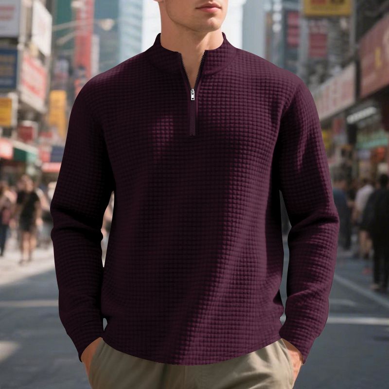 Roupas masculinas com gola alta e zíper, moletom com estampa xadrez pequena, poliéster respirável, leve, confortável, casual, esportivo_voghion.com
