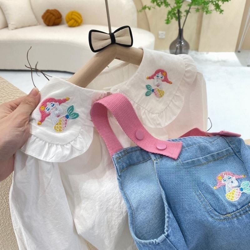 Abbigliamento per bambini Camicia ricamata con sirena e gonna in denim, set da due pezzi_voghion.com