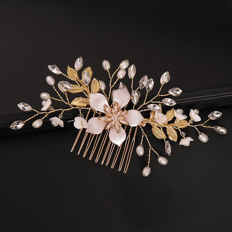 Pettine per capelli da sposa Copricapo Accessori per capelli con perle fatti a mano Acconciatura laterale intrecciata Pettine per capelli con fiori di perle_voghion.com
