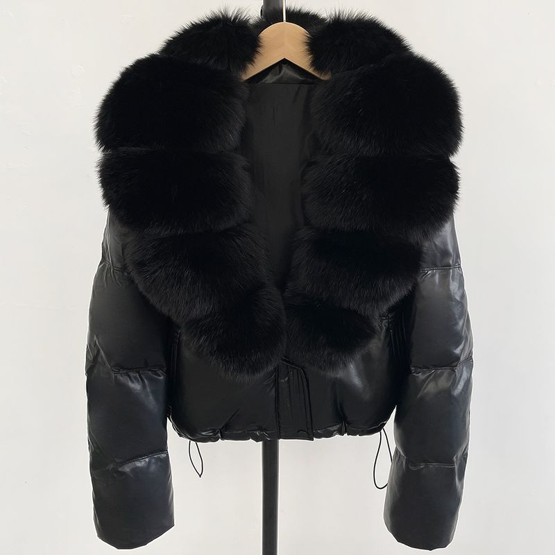 Women's Short Puffer Jacket With Detachable Fox Fur Collar, Loose Fit, Warm Winter Coat, Slimming Design, Fashionable Outerwear_voghion.com
