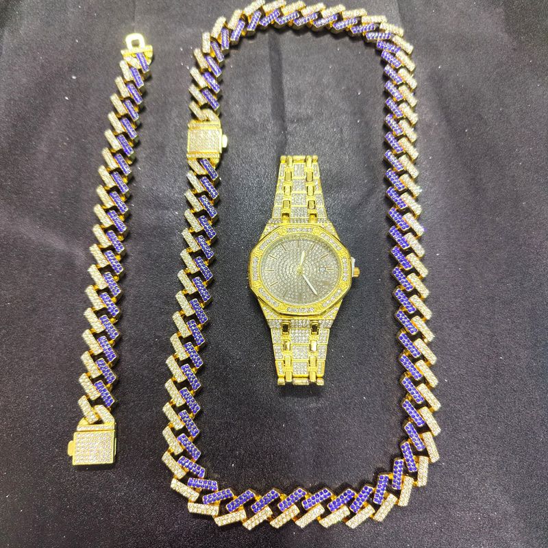 Hip Hop Uhrenset Diamantuhr Armband Halskette Geschenkset Kubanische Kette_voghion.com