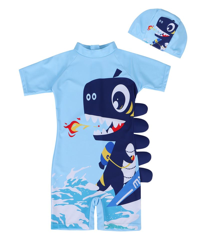 Mother & Kids summer children's clothing dinosaur print one-piece hooded swimsuit quick-drying breathable beach sunscreen baby swimsuit_voghion.com