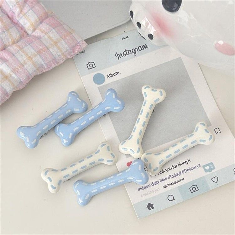 Fermaglio per capelli a forma di osso con frangetta blu crema, fermaglio laterale, dolce e versatile, forcina a forma di cuore, accessorio versatile per capelli da ragazza_voghion.com