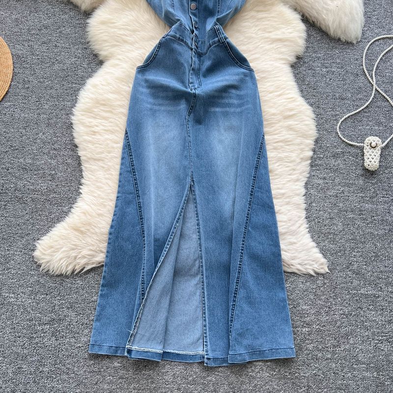 Abito monopetto in denim con bretelle in vita, stile maturo leggero, di alta qualità, da donna_voghion.com