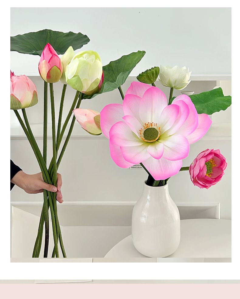 Eleganti fiori di loto artificiali con foglie e baccelli per decorazioni per la casa, matrimoni, fotografia - Composizione floreale realistica di peonie di seta_voghion.com