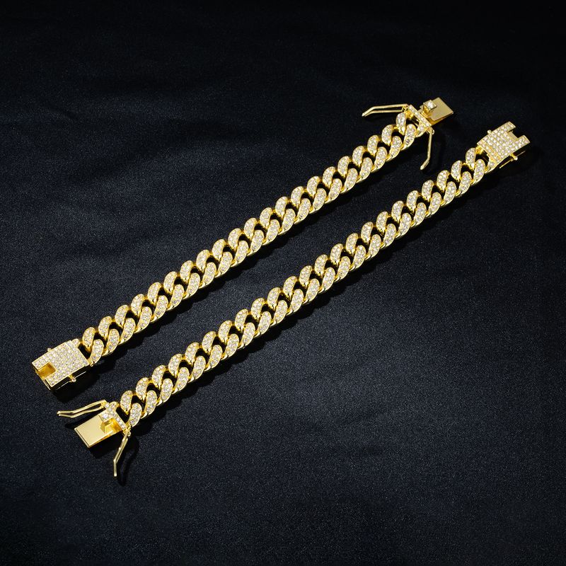 Bracciale a catena cubana con maglie cubane a griffe, stile hip hop, da uomo e da donna, con 2 file di strass, da 13 mm, ghiacciato, con pavé di Miami e rombi._voghion.com
