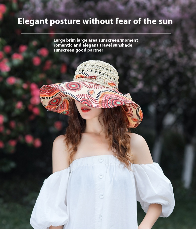 Neuer Strohhut für Damen, Sonnenschutz und Sonnenschirm, für den Strand, große Krempe, koreanische Ausgabe, Urlaub und Reisen, Sonnenhut, Sonnenschutzhut_voghion.com
