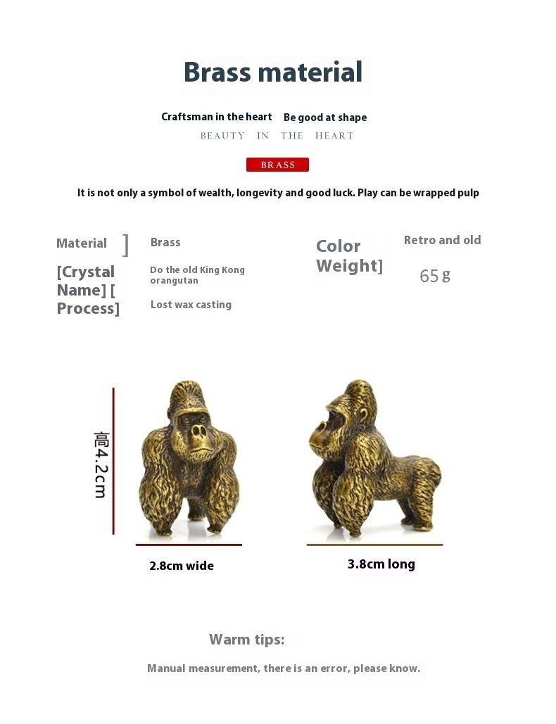 Precisionsmassiv gorilla liten prydnad, konst, husdjur, apa, kopparhandtag, antik mikrosnideri, antik, gammal bronsvara_voghion.com