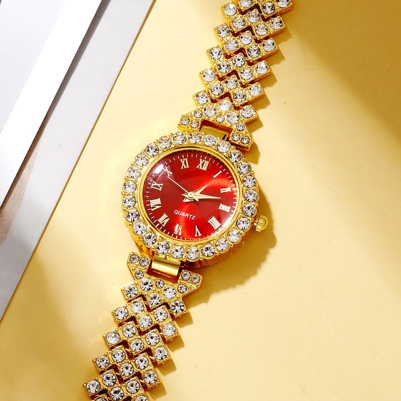 Mode und Schmuck mit vier Teilen: Diamantbesetztes Quarzuhr-Set mit römischen Ziffern, heißes Verkaufsset_voghion.com
