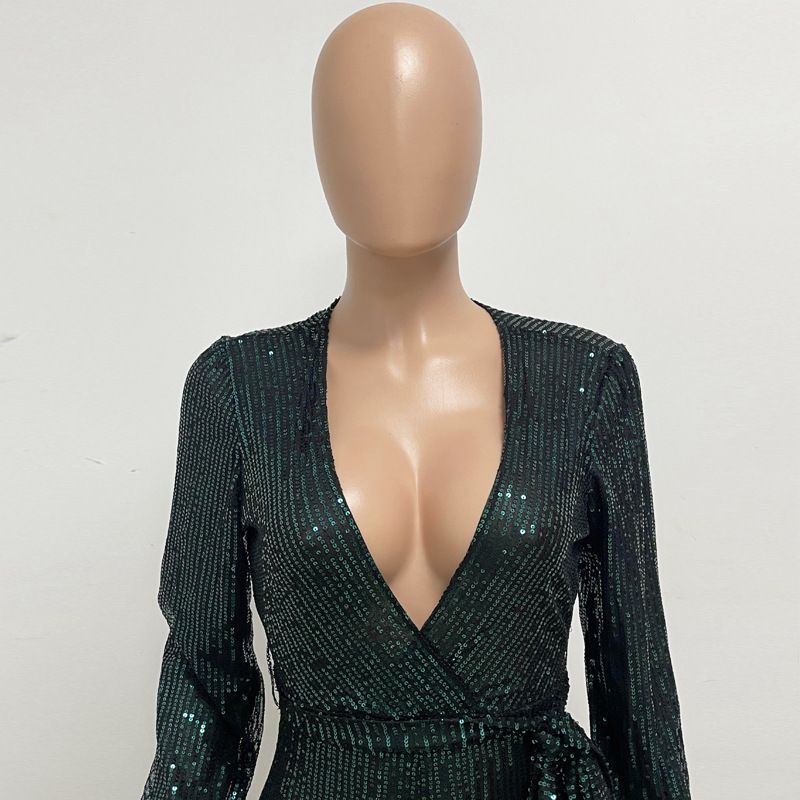 Damkläder Ins Style Deep V Mode Casual Jumpsuit Långärmat Bälte Paljett Jumpsuit Dam_voghion.com