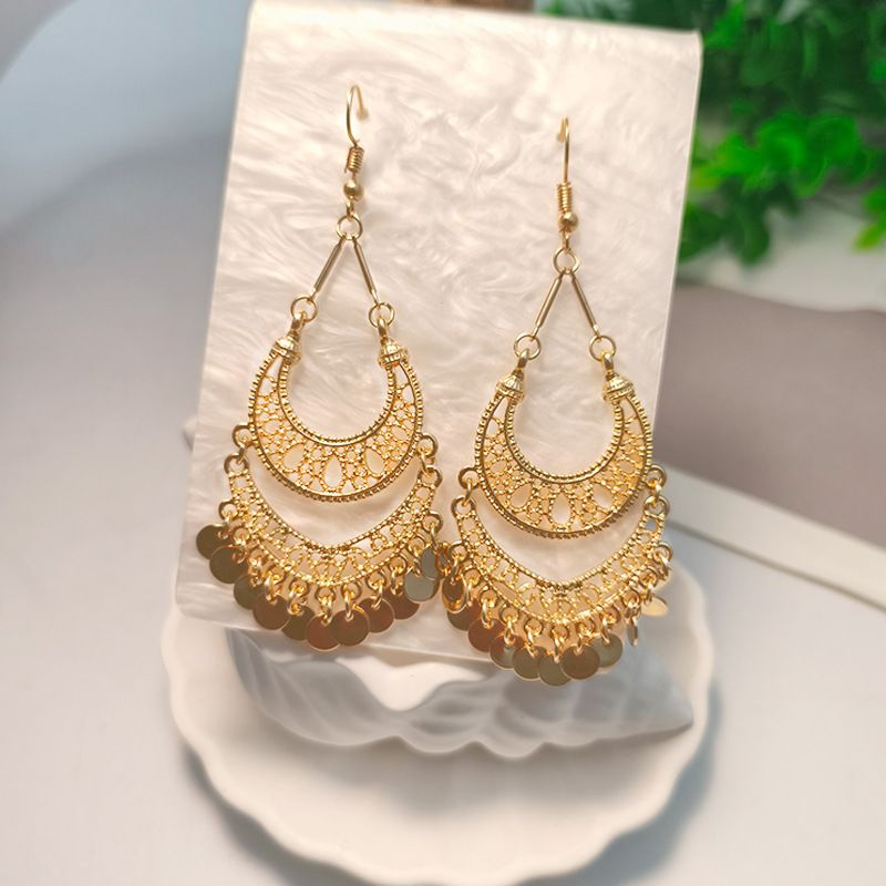 Damen Hohlhaken Runde Scheibe Quaste Lange Ohrringe Ethno-Stil Ohrschmuck_voghion.com