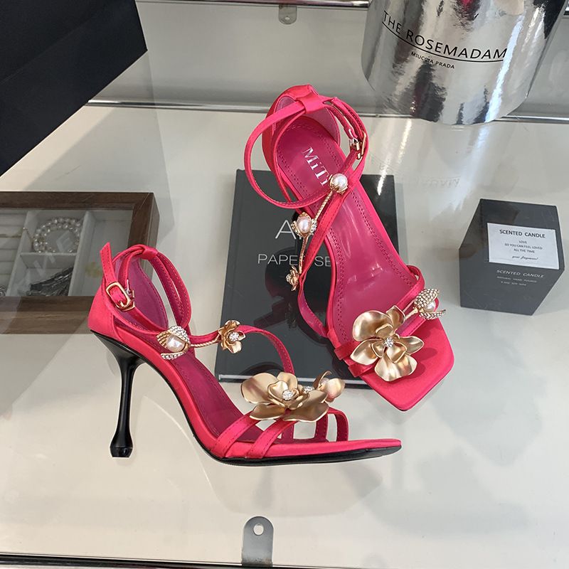 Sexy High Heels 2025 Spring Summer New Golden Orchid One-strap Square Open-toe Sandals Fashionable And Exquisite Leisure Versatile Wear Comfortable_voghion.com