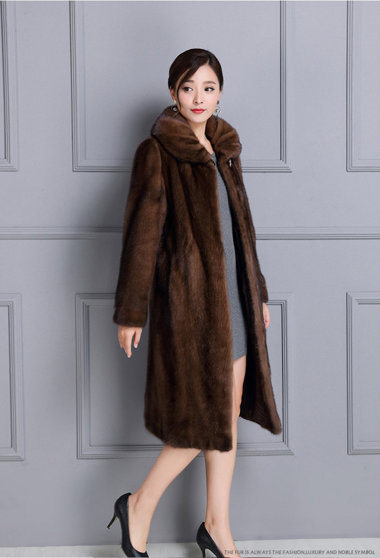 Ženski plašč v imitaciji krzna iz nerca, plašč z dolgim umetnim krznom na preklop iz celega nerca_voghion.com