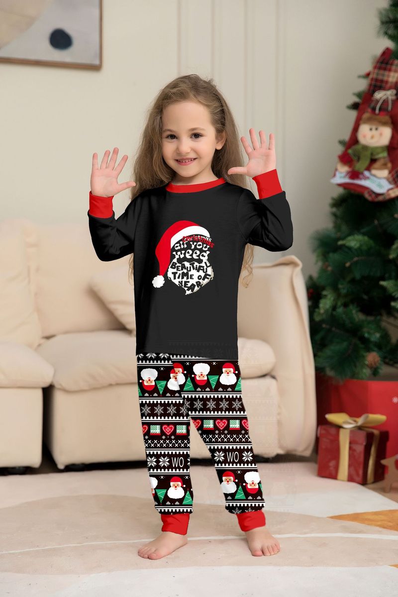 Flammhemmender Stoff Neue Kinderkleidung Weihnachtsmütze Buchstabendruck Heimkleidung für Jungen und Mädchen Langarmhose Schwarzer Pyjama_voghion.com