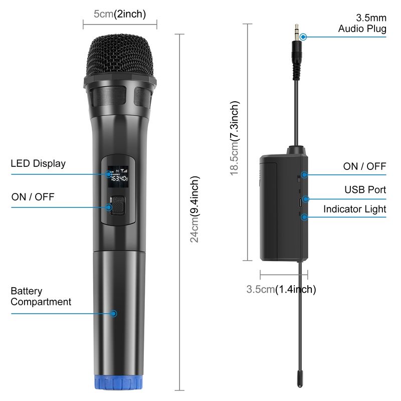 Microfono dinamico wireless UHF con display LED, trasmettitore da 3,5 mm (nero)_voghion.com