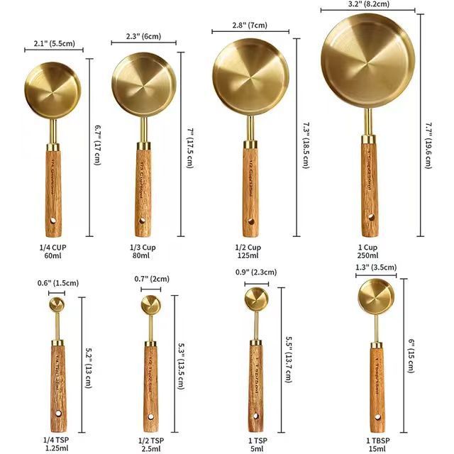 Gold-Plated Stainless Steel Measuring Cups And Spoons With Rosewood Handles, Eight-Piece Set Of Kitchen Baking Tools_voghion.com