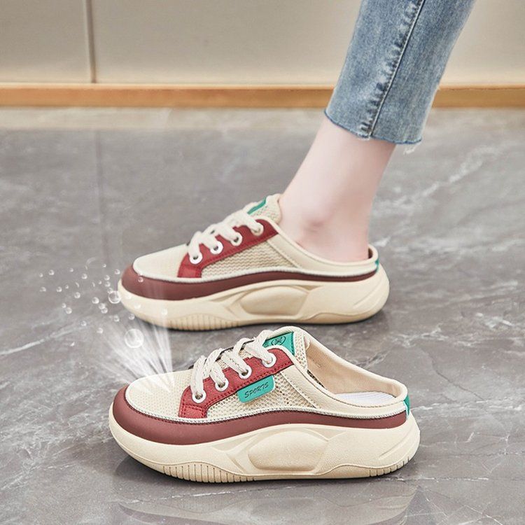 Thick Sole Closed-Toe Half Summer New Korean Style Color-Block Mesh Backless Slippers For Women_voghion.com