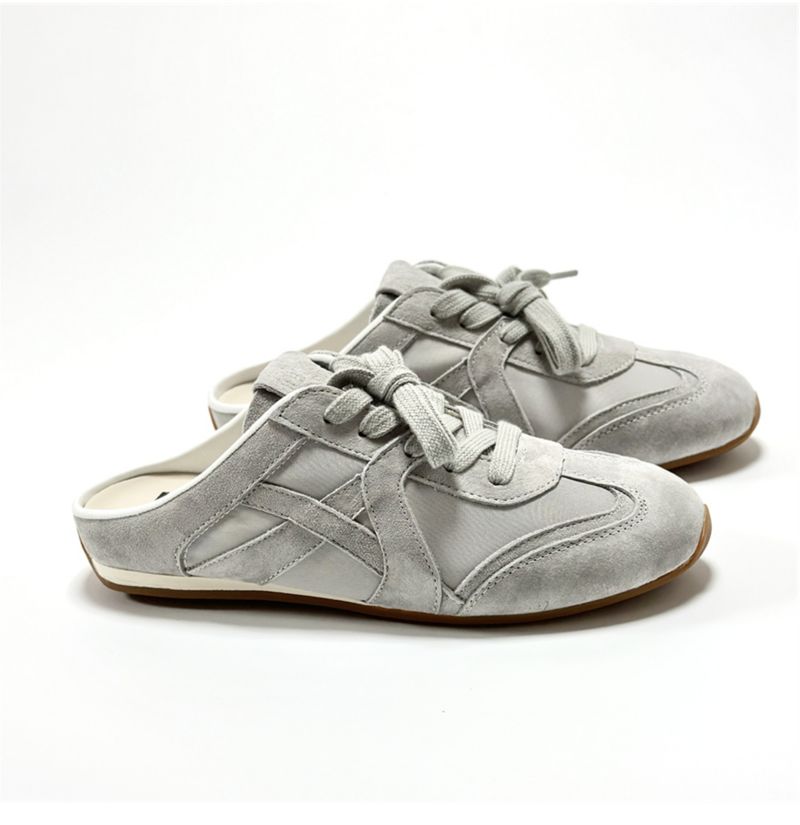 Trainingspantoffeln im koreanischen Stil für Damen, flache Halbschuhe aus weichem Leder mit Farbblockdesign und geschlossener Zehenpartie für den Sommer im Freien,_voghion.com