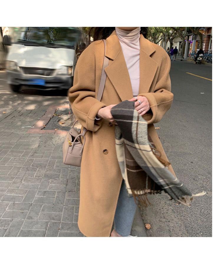 Women’s Double-Faced Wool Coat – Korean Oversized Trench (Camel/Black, S-2XL) | Minimalist Double-Breasted Mid-Length Overcoat_voghion.com