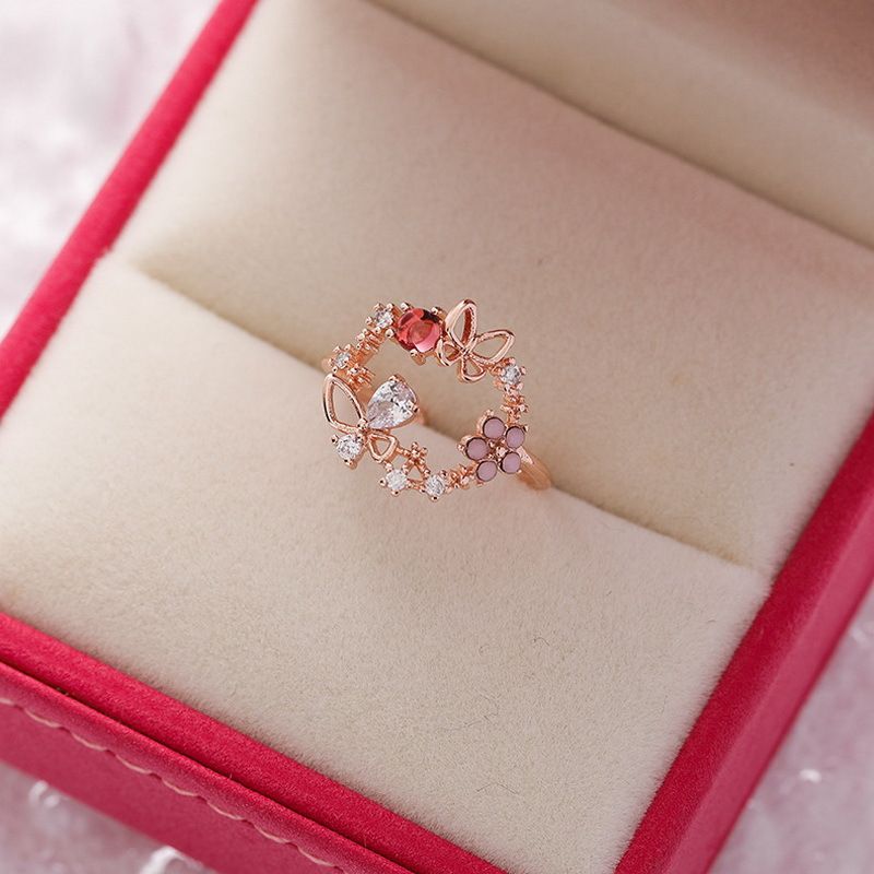Ring for women high-end feel, slightly inlaid with sweet and versatile love, opening ring, sparkling diamond flower_voghion.com