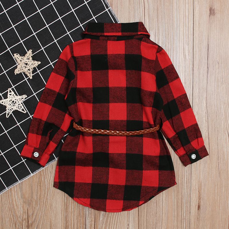 Kinder Frühling und Herbst Mädchen langärmeliges rotes kariertes Kleid + Gürtel zweiteiliges Kinderkleid_voghion.com